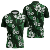 Hawaiian Hibiscus Tribal Floral Green Zipper Polo Shirt Polynesian Tapa Pattern - Polynesian Pride