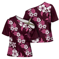 Hawaiian Hibiscus Tribal Floral Pink Cross Shoulder Shirt Polynesian Tapa Pattern - Polynesian Pride