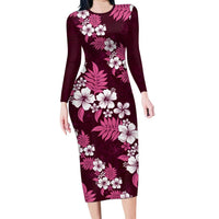 Hawaiian Hibiscus Tribal Floral Pink Family Matching Long Sleeve Bodycon Dress and Hawaiian Shirt Polynesian Tapa Pattern - Polynesian Pride