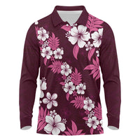 Hawaiian Hibiscus Tribal Floral Pink Long Sleeve Polo Shirt Polynesian Tapa Pattern - Polynesian Pride
