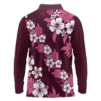Hawaiian Hibiscus Tribal Floral Pink Long Sleeve Polo Shirt Polynesian Tapa Pattern - Polynesian Pride