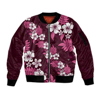 Hawaiian Hibiscus Tribal Floral Pink Sleeve Zip Bomber Jacket Polynesian Tapa Pattern - Polynesian Pride