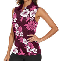 Hawaiian Hibiscus Tribal Floral Pink Women Sleeveless Polo Shirt Polynesian Tapa Pattern - Polynesian Pride