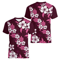 Hawaiian Hibiscus Tribal Floral Pink Women V-Neck T-Shirt Polynesian Tapa Pattern - Polynesian Pride