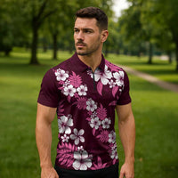 Hawaiian Hibiscus Tribal Floral Pink Zipper Polo Shirt Polynesian Tapa Pattern - Polynesian Pride