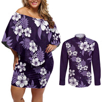 Hawaiian Hibiscus Tribal Floral Purple Couples Matching Off Shoulder Short Dress and Long Sleeve Button Shirt Polynesian Tapa Pattern - Polynesian Pride