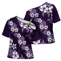 Hawaiian Hibiscus Tribal Floral Purple Cross Shoulder Shirt Polynesian Tapa Pattern - Polynesian Pride