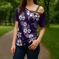 Hawaiian Hibiscus Tribal Floral Purple Cross Shoulder Shirt Polynesian Tapa Pattern - Polynesian Pride