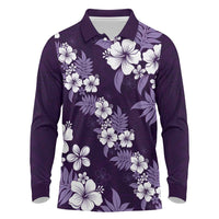 Hawaiian Hibiscus Tribal Floral Purple Long Sleeve Polo Shirt Polynesian Tapa Pattern - Polynesian Pride