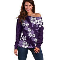 Hawaiian Hibiscus Tribal Floral Purple Off Shoulder Sweater Polynesian Tapa Pattern - Polynesian Pride