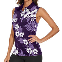 Hawaiian Hibiscus Tribal Floral Purple Women Sleeveless Polo Shirt Polynesian Tapa Pattern - Polynesian Pride
