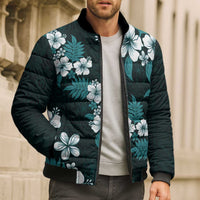 Hawaiian Hibiscus Tribal Floral Teal Bomber Puffer Jacket Polynesian Tapa Pattern - Polynesian Pride