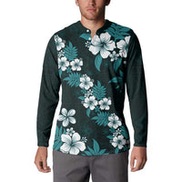Hawaiian Hibiscus Tribal Floral Teal Button Sweatshirt Polynesian Tapa Pattern - Polynesian Pride