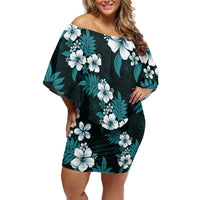 Hawaiian Hibiscus Tribal Floral Teal Family Matching Off Shoulder Short Dress and Hawaiian Shirt Polynesian Tapa Pattern - Polynesian Pride