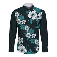 Hawaiian Hibiscus Tribal Floral Teal Long Sleeve Button Shirt Polynesian Tapa Pattern - Polynesian Pride