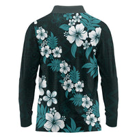 Hawaiian Hibiscus Tribal Floral Teal Long Sleeve Polo Shirt Polynesian Tapa Pattern - Polynesian Pride