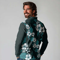 Hawaiian Hibiscus Tribal Floral Teal Long Sleeve Polo Shirt Polynesian Tapa Pattern - Polynesian Pride