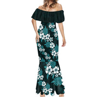 Hawaiian Hibiscus Tribal Floral Teal Mermaid Dress Polynesian Tapa Pattern - Polynesian Pride