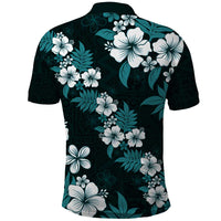 Hawaiian Hibiscus Tribal Floral Teal Polo Shirt Polynesian Tapa Pattern - Polynesian Pride