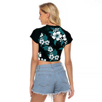 Hawaiian Hibiscus Tribal Floral Teal Raglan Cropped T Shirt Polynesian Tapa Pattern - Polynesian Pride
