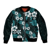 Hawaiian Hibiscus Tribal Floral Teal Sleeve Zip Bomber Jacket Polynesian Tapa Pattern - Polynesian Pride