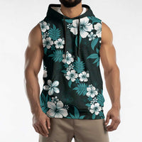 Hawaiian Hibiscus Tribal Floral Teal Sleeveless Hoodie Polynesian Tapa Pattern - Polynesian Pride