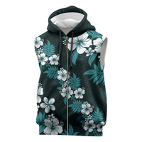 Hawaiian Hibiscus Tribal Floral Teal Sleeveless Zip Hoodie Polynesian Tapa Pattern - Polynesian Pride