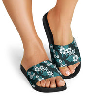 Hawaiian Hibiscus Tribal Floral Teal Slide Sandals Polynesian Tapa Pattern - Polynesian Pride