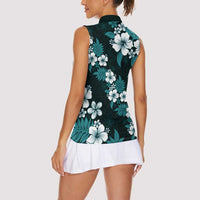 Hawaiian Hibiscus Tribal Floral Teal Women Sleeveless Polo Shirt Polynesian Tapa Pattern - Polynesian Pride