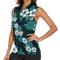 Hawaiian Hibiscus Tribal Floral Teal Women Sleeveless Polo Shirt Polynesian Tapa Pattern - Polynesian Pride