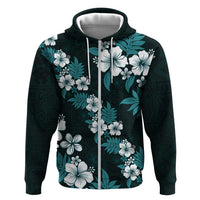 Hawaiian Hibiscus Tribal Floral Teal Zip Hoodie Polynesian Tapa Pattern - Polynesian Pride