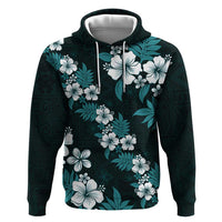 Hawaiian Hibiscus Tribal Floral Teal Zip Hoodie Polynesian Tapa Pattern - Polynesian Pride