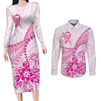 Personalised New Zealand Pink Fern Breast Cancer Couples Matching Long Sleeve Bodycon Dress and Long Sleeve Button Shirt Polynesian Pattern LT01 Pink - Polynesian Pride