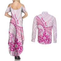 Personalised New Zealand Pink Fern Breast Cancer Couples Matching Summer Maxi Dress and Long Sleeve Button Shirt Polynesian Pattern