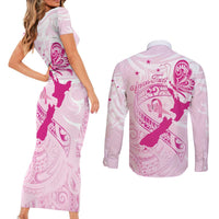 Personalised Aotearoa Breast Cancer Couples Matching Short Sleeve Bodycon Dress and Long Sleeve Button Shirt New Zealand Maori Pattern