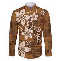 Plumeria Floral Tapa Pattern Vintage Gold Family Matching Off Shoulder Short Dress and Hawaiian Shirt