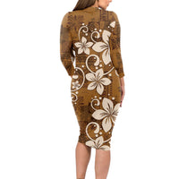 Plumeria Floral Tapa Pattern Vintage Gold Long Sleeve Bodycon Dress