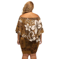 Plumeria Floral Tapa Pattern Vintage Gold Off Shoulder Short Dress LT01 - Polynesian Pride