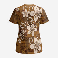 Plumeria Floral Tapa Pattern Vintage Gold Scrub Top - Polynesian Pride