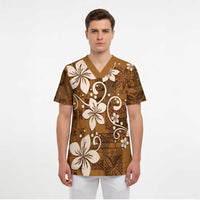 Plumeria Floral Tapa Pattern Vintage Gold Scrub Top - Polynesian Pride