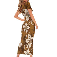 Plumeria Floral Tapa Pattern Vintage Gold Short Sleeve Bodycon Dress