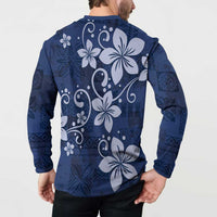 Plumeria Floral Tapa Pattern Navy Blue Button Sweatshirt LT01 - Polynesian Pride
