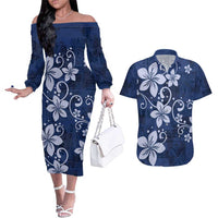 Plumeria Floral Tapa Pattern Navy Blue Couples Matching Off The Shoulder Long Sleeve Dress and Hawaiian Shirt