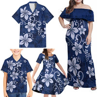Plumeria Floral Tapa Pattern Navy Blue Family Matching Off Shoulder Maxi Dress and Hawaiian Shirt
