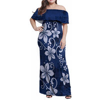 Plumeria Floral Tapa Pattern Navy Blue Family Matching Off Shoulder Maxi Dress and Hawaiian Shirt