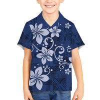 Plumeria Floral Tapa Pattern Navy Blue Family Matching Off Shoulder Maxi Dress and Hawaiian Shirt