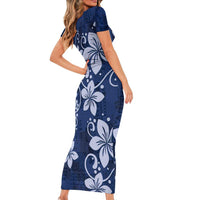Plumeria Floral Tapa Pattern Navy Blue Family Matching Short Sleeve Bodycon Dress and Hawaiian Shirt