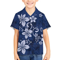Plumeria Floral Tapa Pattern Navy Blue Family Matching Short Sleeve Bodycon Dress and Hawaiian Shirt