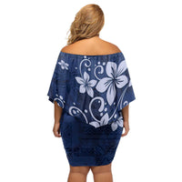 Plumeria Floral Tapa Pattern Navy Blue Off Shoulder Short Dress LT01 - Polynesian Pride