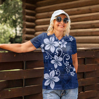 Plumeria Floral Tapa Pattern Navy Blue Women Polo Shirt LT01 - Polynesian Pride